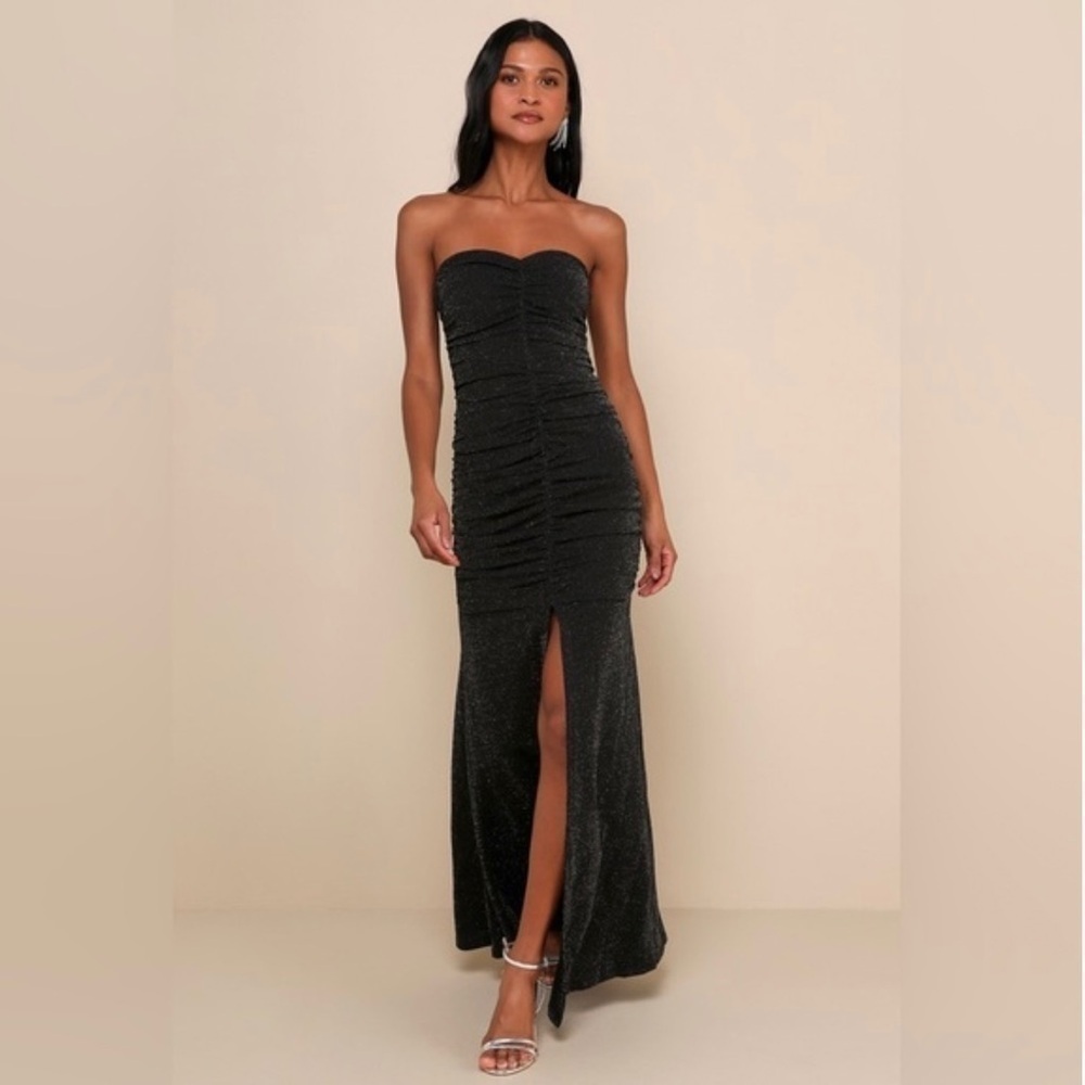 LULUS Strapless Ruched Glitter Maxi Dress Black Size Small Bodycon